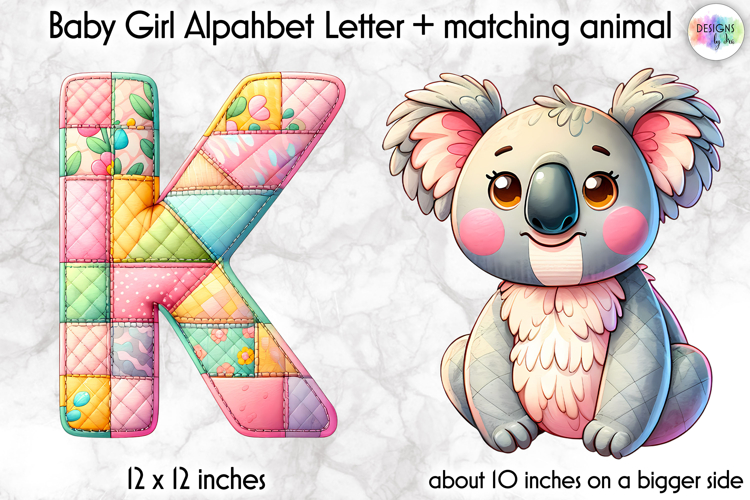 Cute Patchwork Baby Alphabet and Baby Animals PNG, Monogram