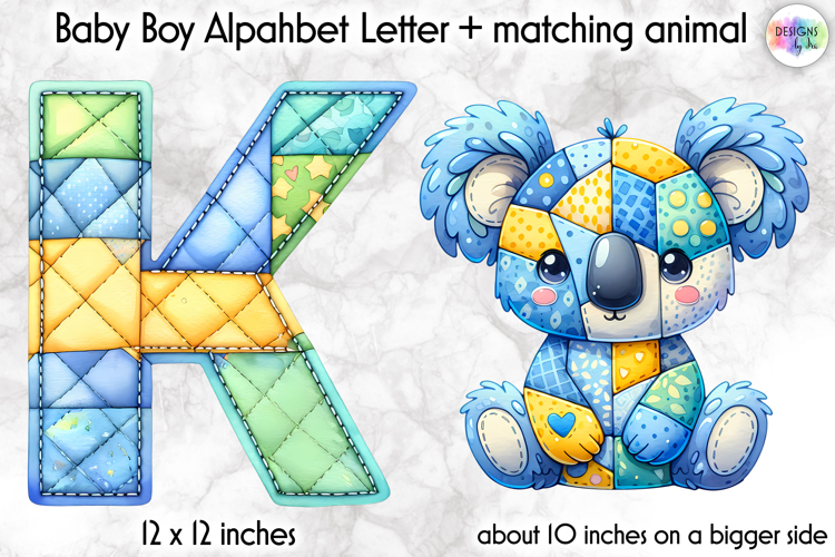 Cute Patchwork Baby Alphabet and Baby Animals PNG, Monogram