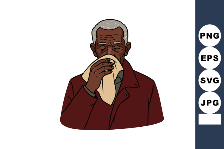 Elderly Man Sneezing with Handkerchief Wearing Red Coat Vect