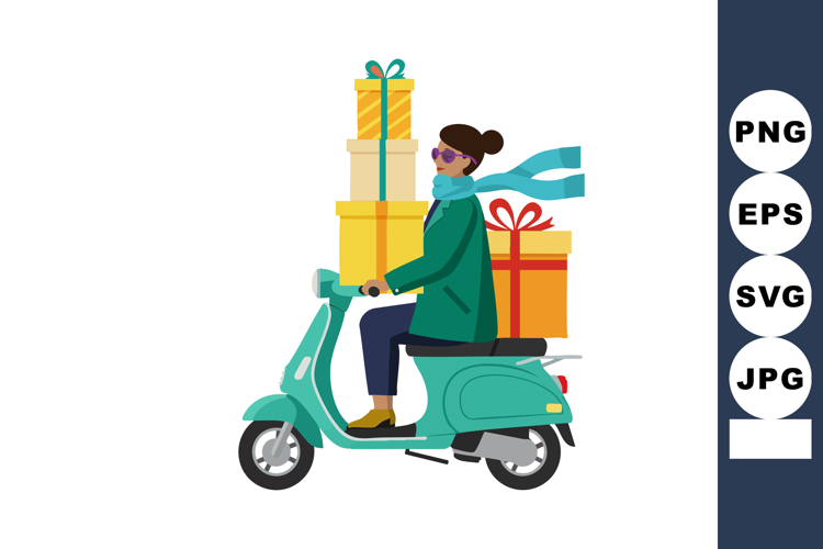 Woman riding scooter delivering multiple gift boxes in winte