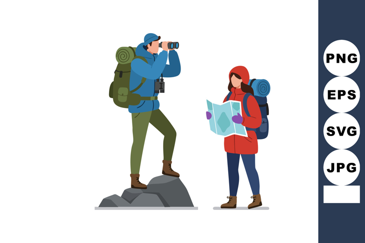 Hiker Couple Exploring Outdoors with Binoculars and Map in C