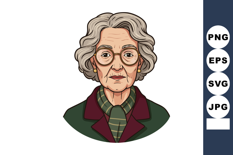Elderly woman portrait with glasses gray hair and scarf vect