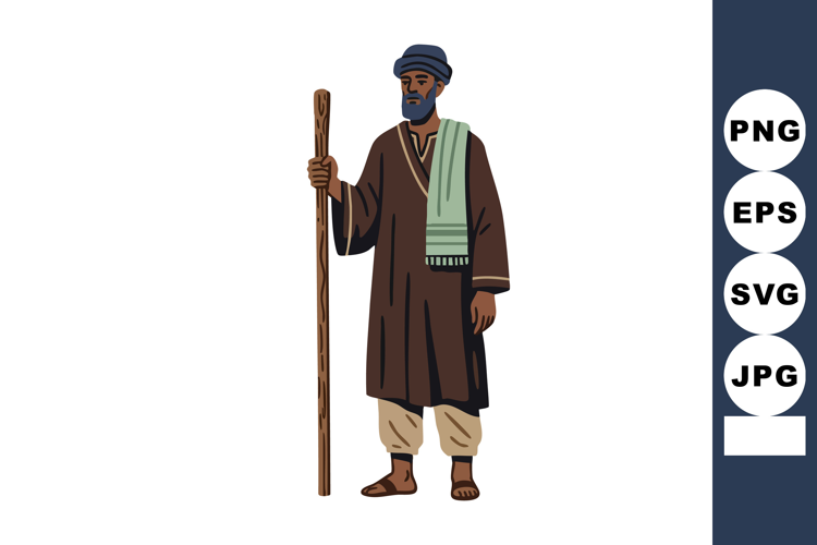 Bearded man in traditional brown robe with walking stick and