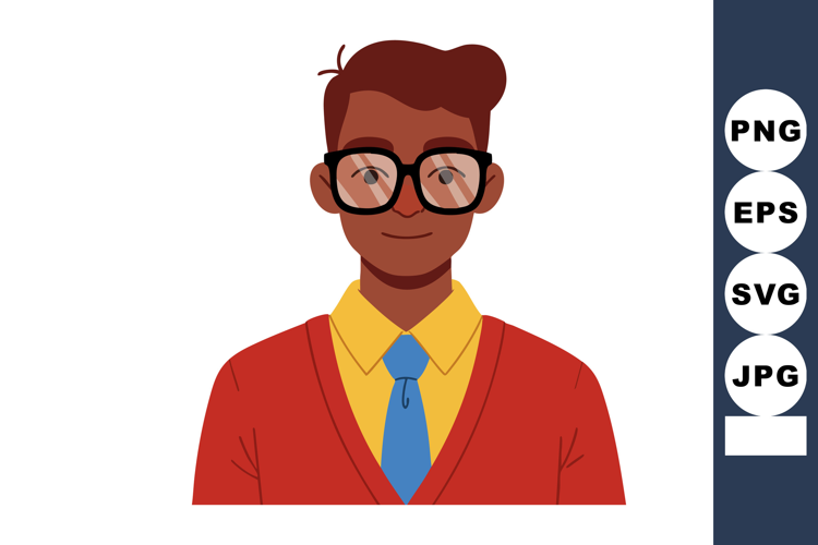 Young man with glasses wearing red cardigan and blue tie vec