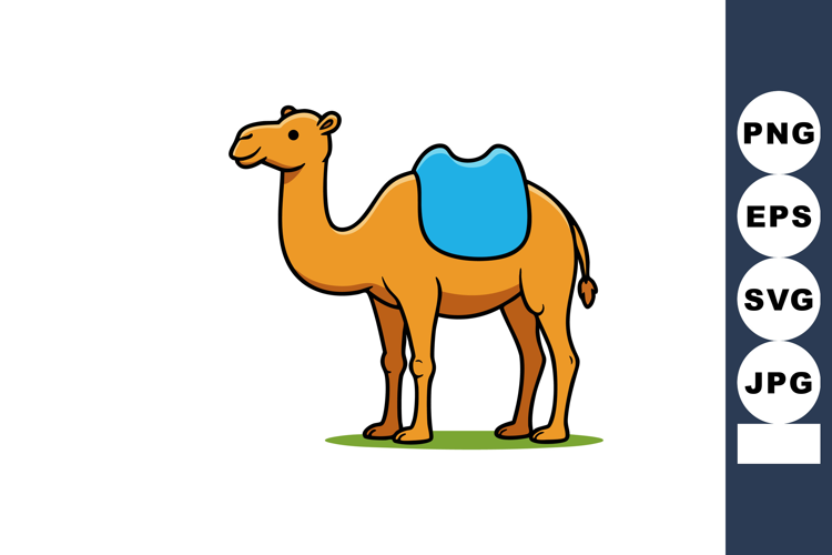 Camel standing with blue saddle simple cartoon style desert