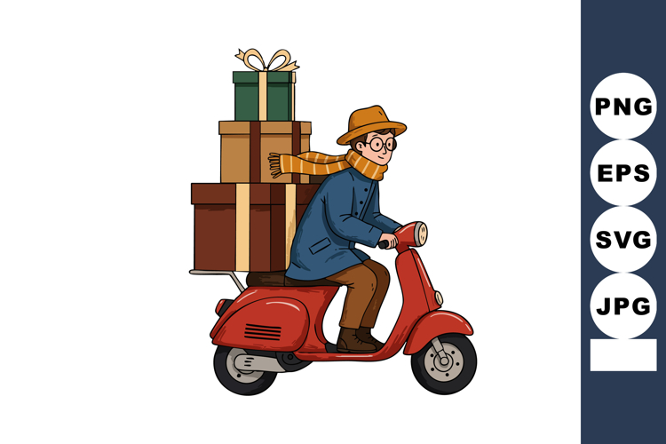 Man Riding Red Scooter Delivering Stacked Gift Boxes Illustr
