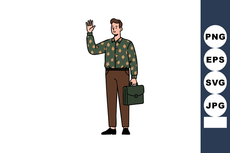 Man Wearing Patterned Green Shirt Holding Briefcase Waving H