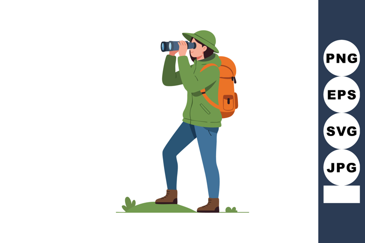 Hiker with binoculars wearing green jacket and orange backpa