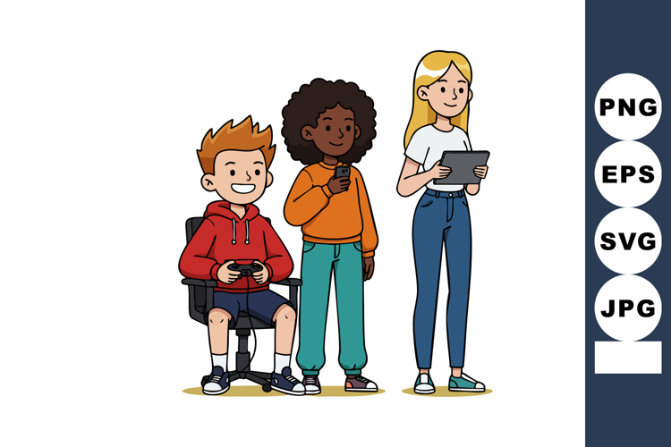 Diverse young people using mobile devices and gaming control