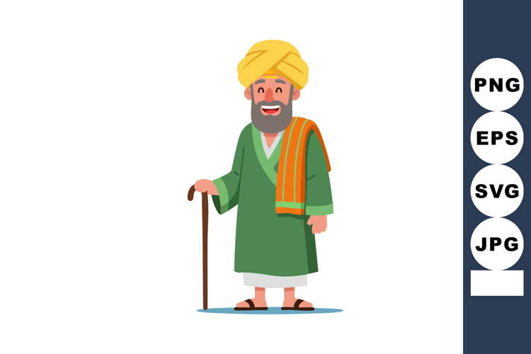 Elderly man with walking stick wearing traditional robe and