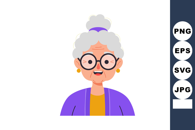 Elderly woman smiling with glasses gray hair purple jacket v