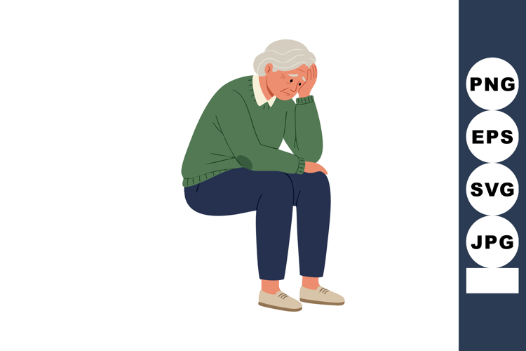 Elderly woman sitting with sad expression wearing green swea