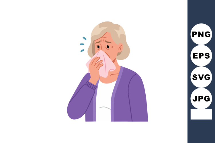 Elderly woman sneezing with handkerchief feeling unwell vect