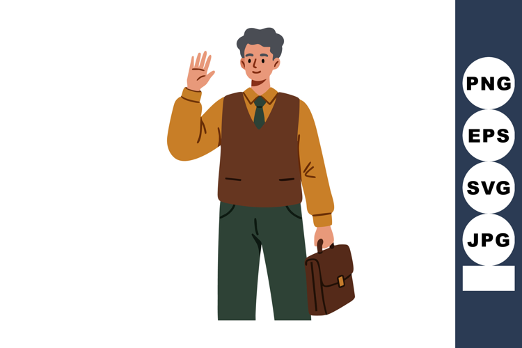 Man waving hand holding briefcase casual business style vect