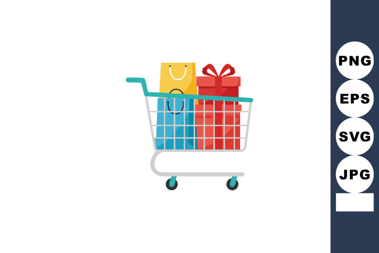 Shopping cart filled with colorful gift boxes and shopping b