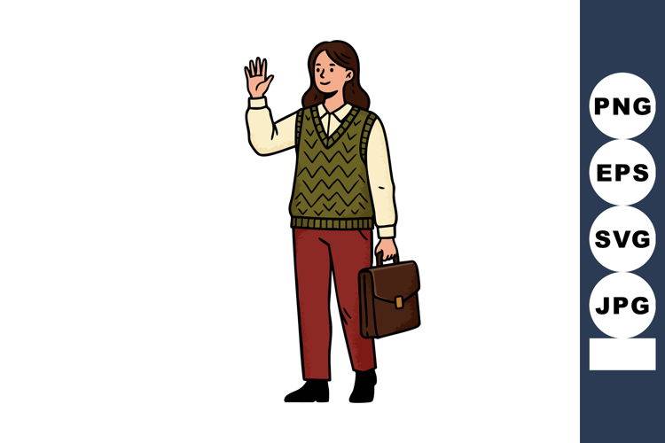 Young woman waving hand carrying briefcase in casual outfit