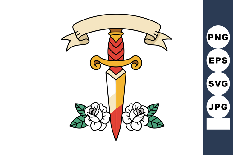 Dagger with white roses and banner in colorful vector illust