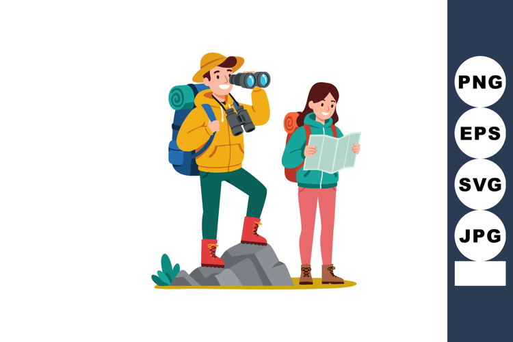 Hikers exploring nature with backpacks binoculars map outdoo