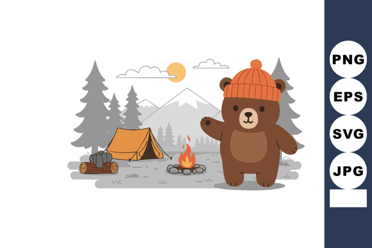 Brown bear waving near campfire with orange tent and mountai example image 1