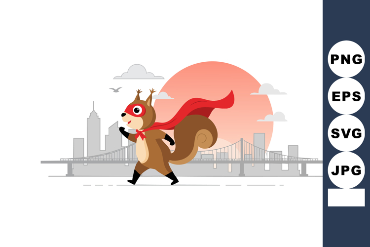 Squirrel wearing red cape superhero costume walking city sky