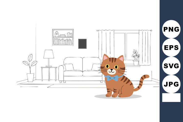 Cute tabby cat with blue bow tie sitting in modern living ro