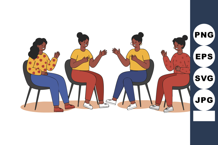 Group of women having discussion in casual clothing sitting