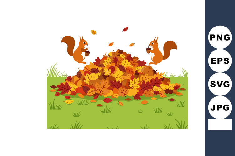 Squirrels Playing with Autumn Leaves Pile in Green Grass Sea