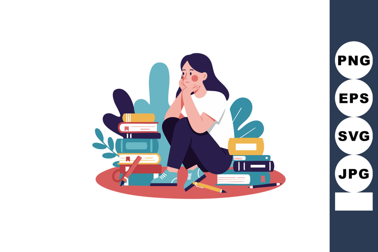 Young woman sitting thoughtfully surrounded by books and pla