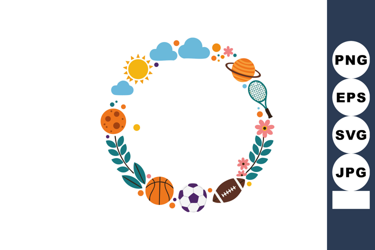 Sports and Nature Elements Circular Frame with Sun and Plane