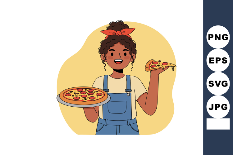 Girl holding pepperoni pizza slice and whole pizza cheerful