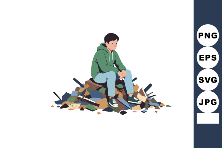 Young man sitting on pile of wood and debris wearing green h