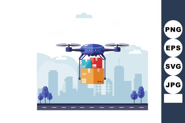 Delivery drone carrying colorful packages over cityscape in
