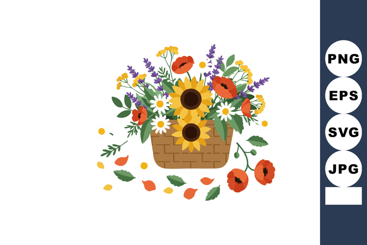 Basket with sunflowers daisies poppies and lavender floral a