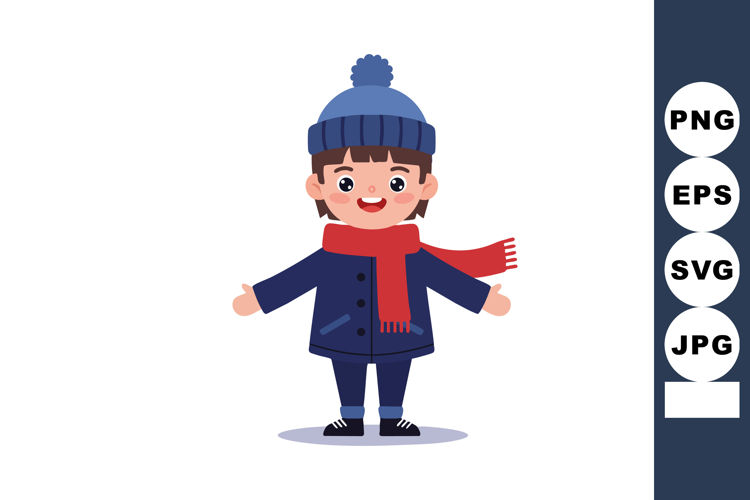 Child wearing blue winter coat and hat with red scarf vector