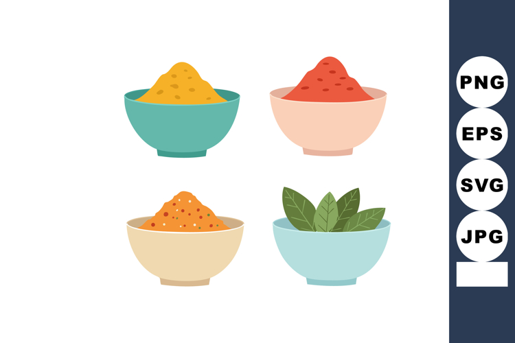 Four Bowls with Various Spices and Herbs in Flat Vector Illu
