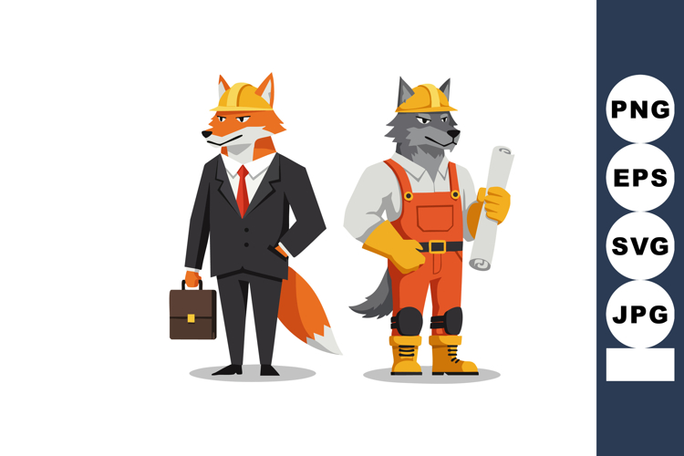 Fox and wolf construction workers in business suit and workw