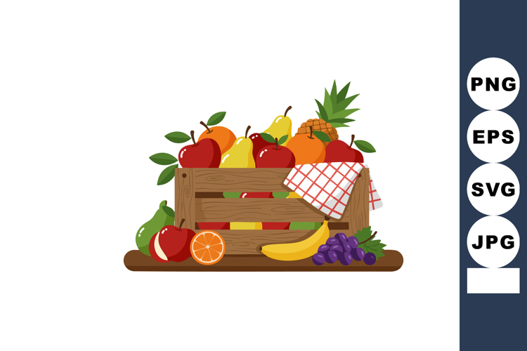 Wooden crate filled with assorted fresh fruits including pin
