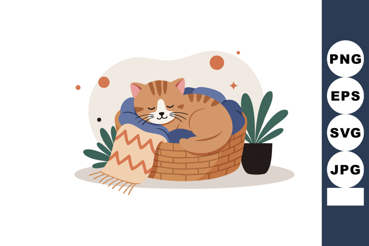 Sleeping cat in cozy basket with blanket and plants vector i
