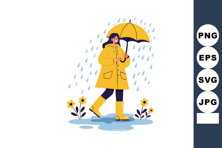 Woman walking with yellow umbrella and raincoat during rainy
