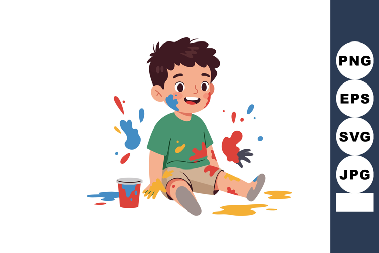 Happy boy playing with colorful paint splashes in casual clo