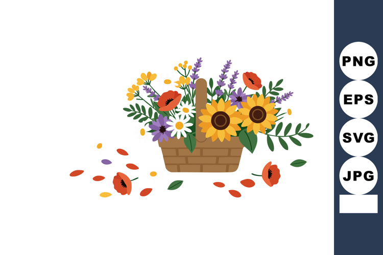 Basket with colorful wildflowers including sunflowers poppie