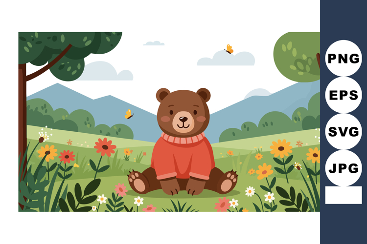 Cute brown bear sitting in colorful flower meadow with mount