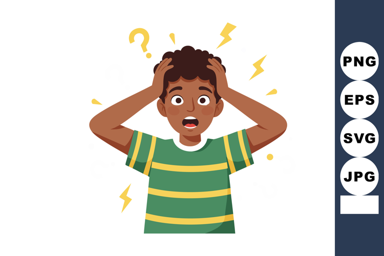 Stressed boy in green striped shirt holding head with questi