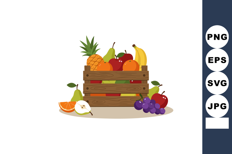 Fresh wooden crate filled with assorted fruits including pin