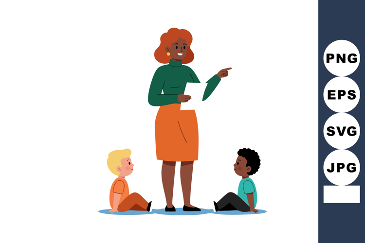 Teacher instructing two young children sitting on floor in c