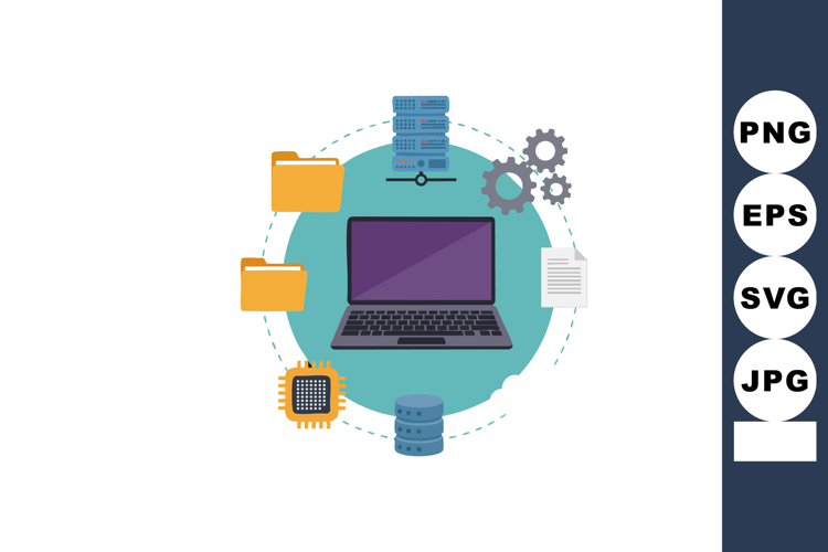 Laptop surrounded by data storage servers folders gears and