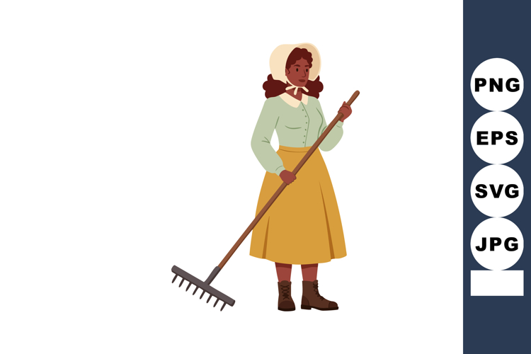Woman wearing bonnet and yellow skirt holding rake gardening