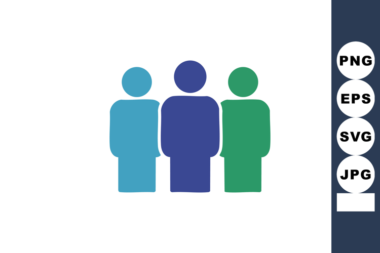 Three stylized human figures in blue and green representing