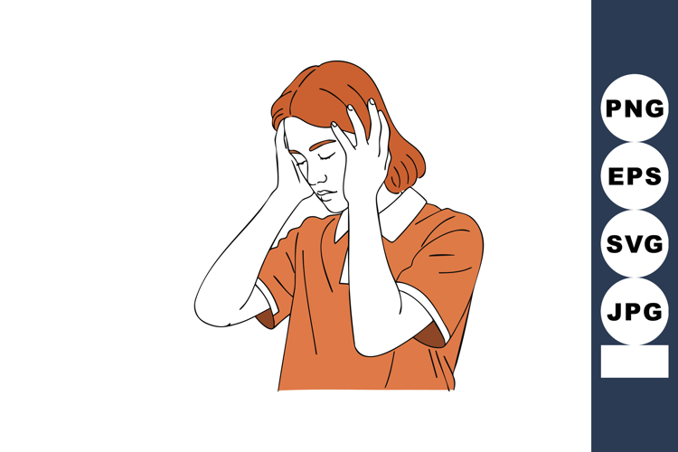 Woman with headache holding head in pain stress and discomfo