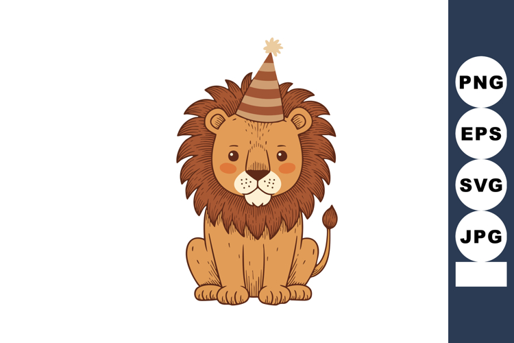 Cute lion with party hat sitting adorable cartoon style anim